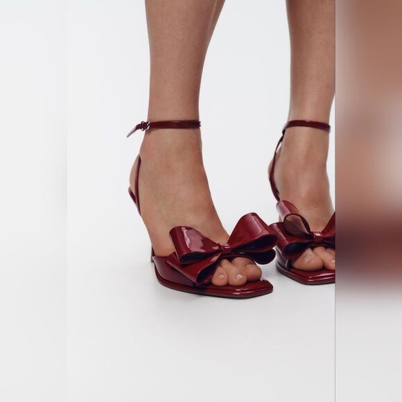 Nwt ZARA RARE PATENT EFFECT BOW SANDALS HEELS - Picture 6 of 11